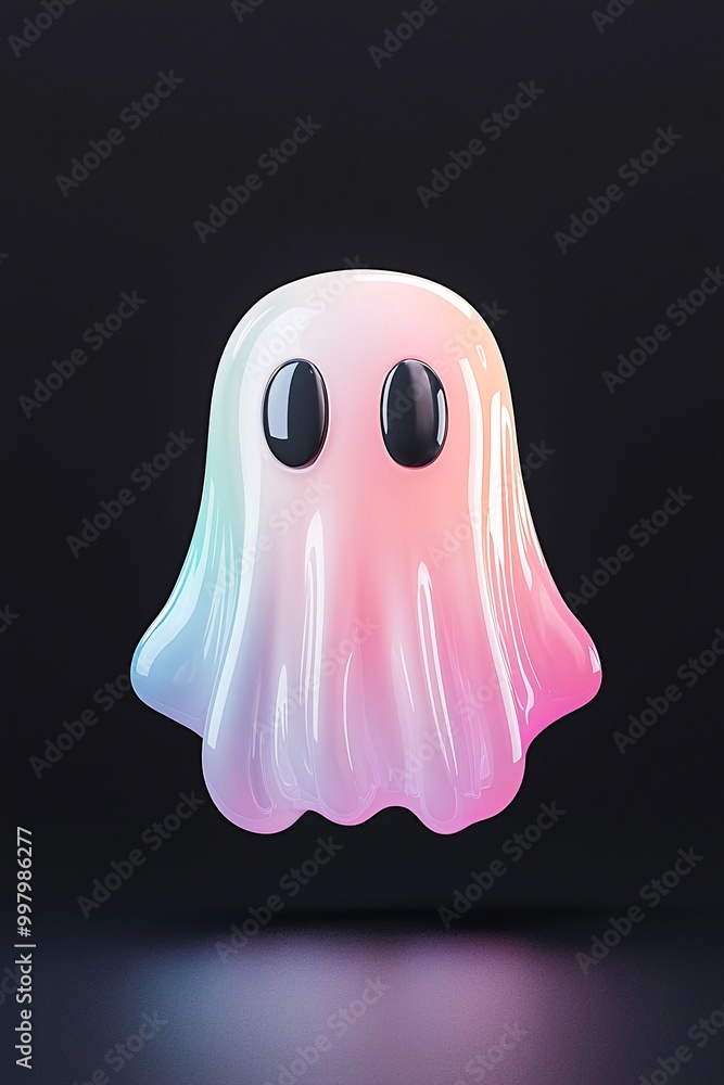 Poster a 3d cartoon ghost icon in holographic gradient colors floats on a black background, rendered with o