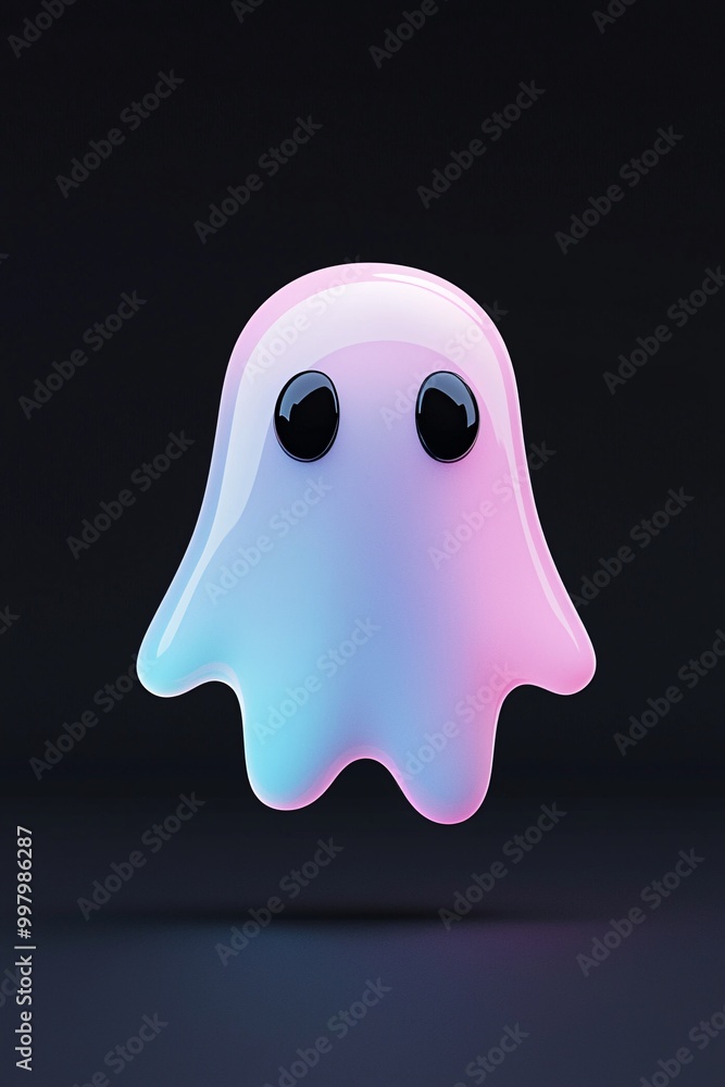 Poster a 3d cartoon ghost icon in holographic gradient colors floats on a black background, rendered with o