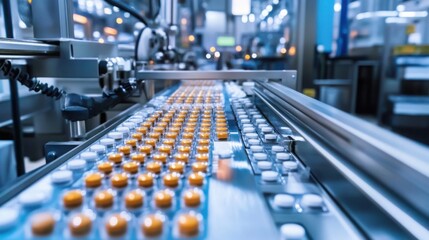Obraz premium pharmaceutical manufacturing line, with automated machines precisely packaging tablets into blister packs.