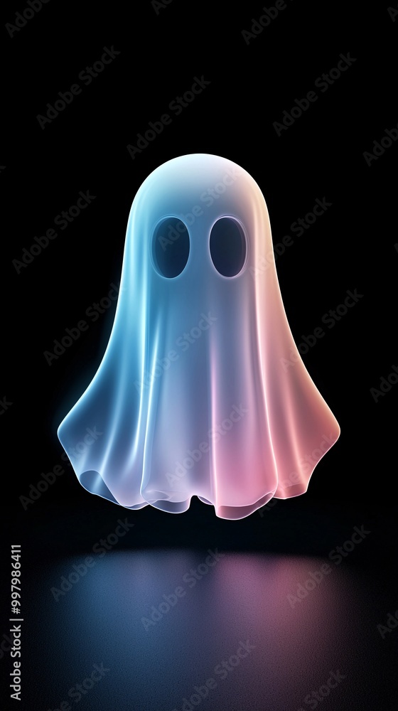 Poster A bright, cartoonish ghost rendered in 3D with a holographic gradient stands out on a deep black background, offering ample copy space for text or additional design elements.