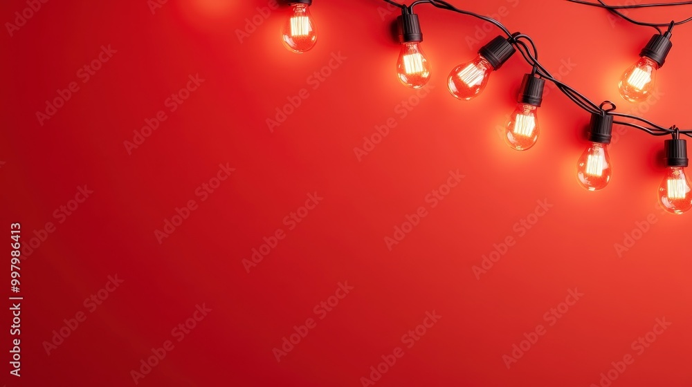 Poster string lights hanging against a bright red background with warm glow