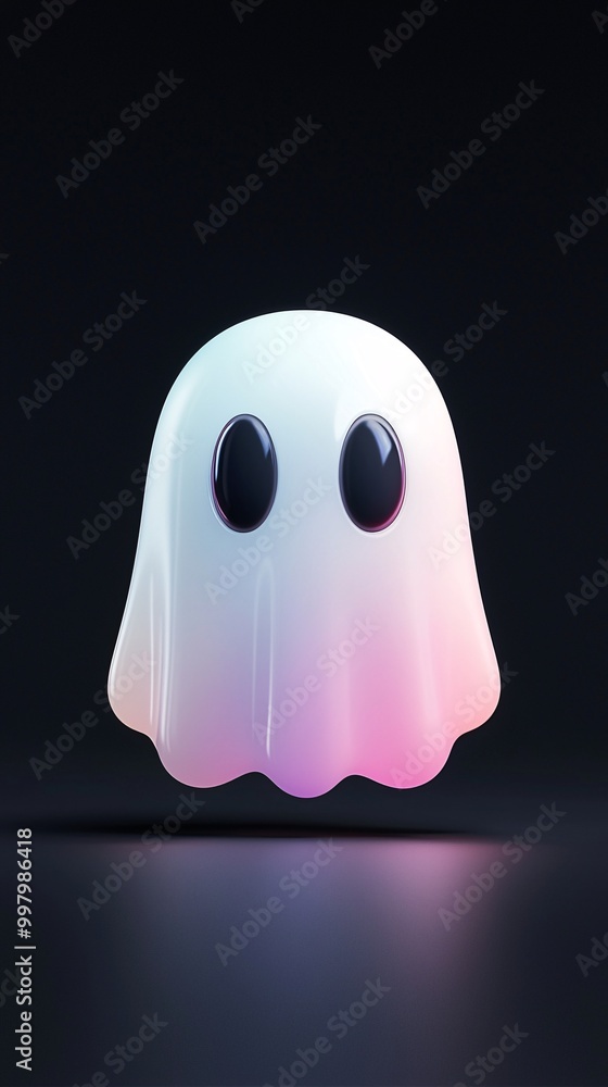 Poster a bright, cartoonish ghost rendered in 3d with a holographic gradient stands out on a deep black bac
