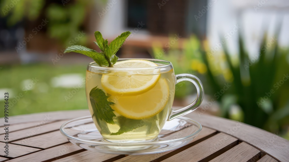 Wall mural a photo of a clear glass teacup on a wooden table. the teacup contains chilled lemon tea