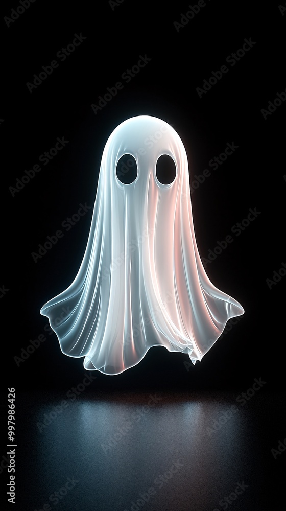 Poster a bright, cartoonish ghost rendered in 3d with a holographic gradient stands out on a deep black bac