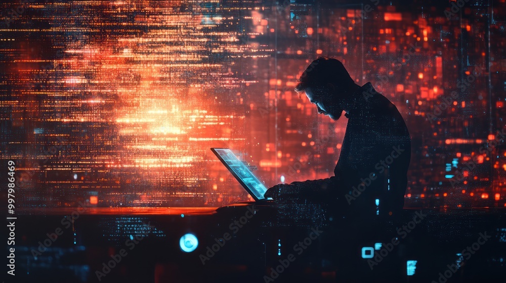 Poster silhouette of a programmer working on a laptop