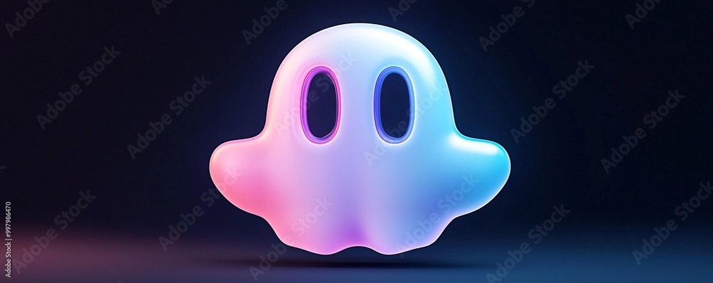 Poster a minimalist, 3d-rendered ghost icon with holographic colors floats against a black backdrop. the pl
