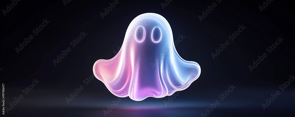 Poster a minimalist, 3d-rendered ghost icon with holographic colors floats against a black backdrop. the pl