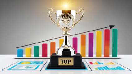 A 3D trophy with intricate details of victory, standing atop abstract, colorful bars representing various competitors with the 3D trophy to emphasize the achievement of top rank.