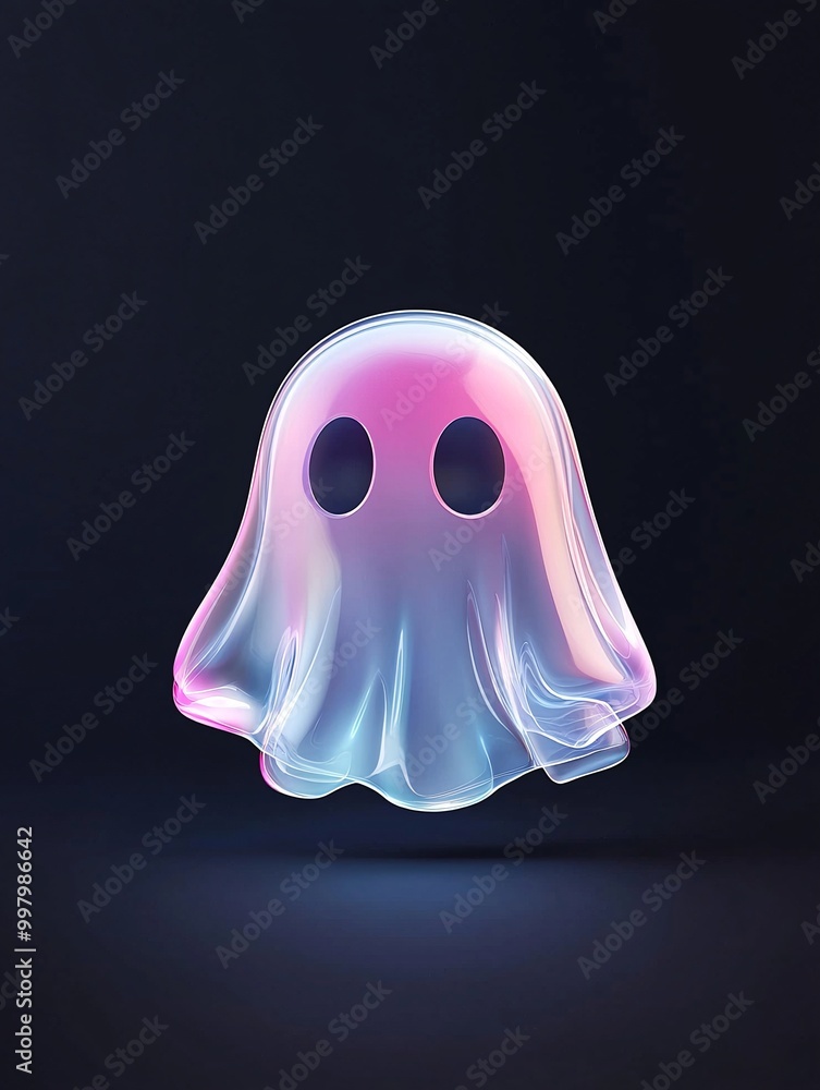 Poster a 3d-rendered ghost icon with a vibrant holographic gradient stands out on a deep black background. 