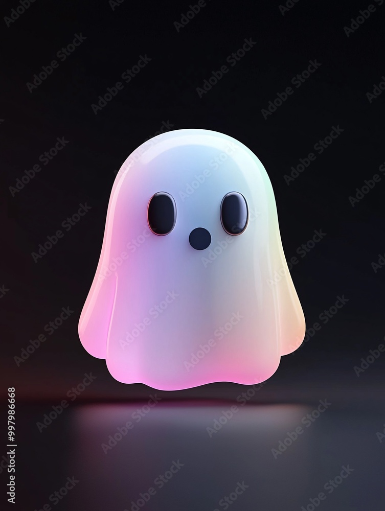 Poster a 3d-rendered ghost icon with a vibrant holographic gradient stands out on a deep black background. 