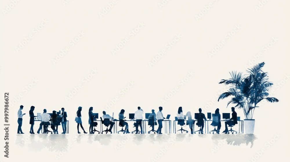 Poster collaborative office environment with colleagues working together in open workspace