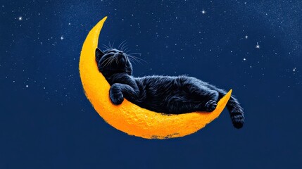 Black cat lounging on crescent moon against starry night sky