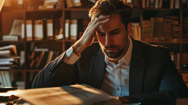 Stressed Worried Sad Businessman Working Surrounded by Papers in Office &ndash; Workload and Job Depression Concept