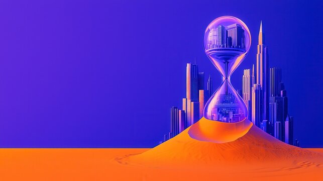 Futuristic cityscape with hourglass and skyscrapers under a vivid sky