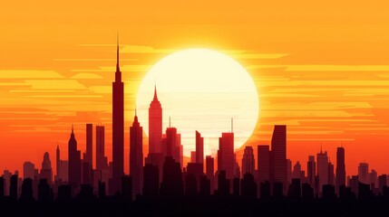Vibrant sunset over city skyline with tall skyscrapers illuminated