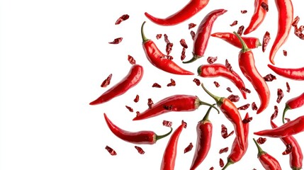 Explosive Chili Peppers Soaring in Spice Splendor, Isolated on White Background
