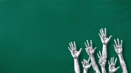 Multiple hands reaching up towards a blank green chalkboard background
