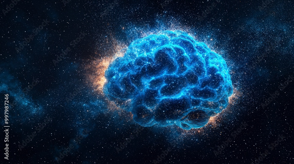 Poster cosmic brain concept in outer space depicting imagination and intelligence