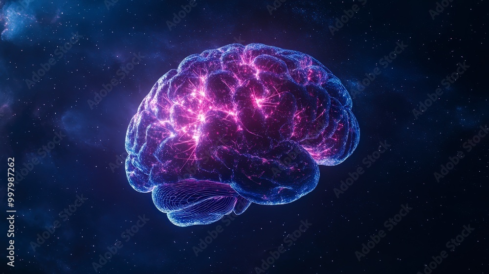 Poster illuminated digital brain with neural connections in a dark space