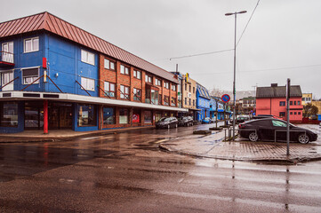 Sortland city streets during a rainy day, Vesteralen islands, Norway