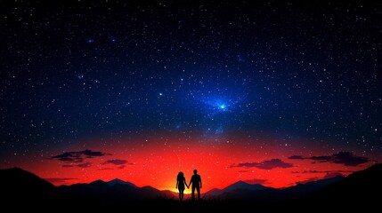 Obraz premium Couple holding hands under a starry sky during sunset or sunrise