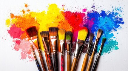 Colorful paintbrushes arranged on a canvas with vibrant paint splashes