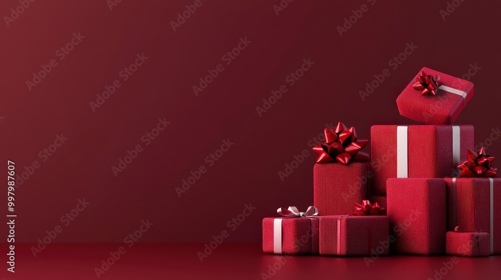Poster stack of red gift boxes with bows on a deep red background