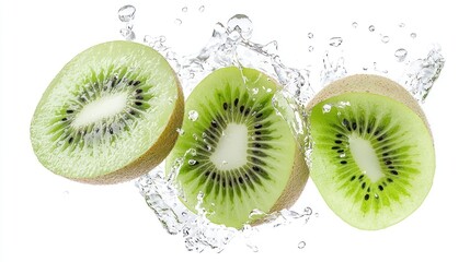 Refreshing Frozen Kiwi Slices Suspended in Mid-Air on White Background