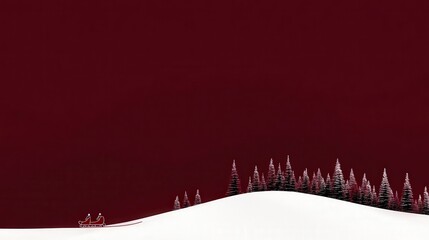 Winter sled ride through snowy forest with deep red sky above