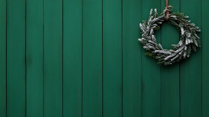 Festive green wooden wall with snow-covered wreath for holiday decor