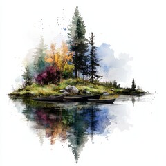 Naklejka premium Watercolor painting of a floating island with a peaceful lake and rowboats, on isolated white background
