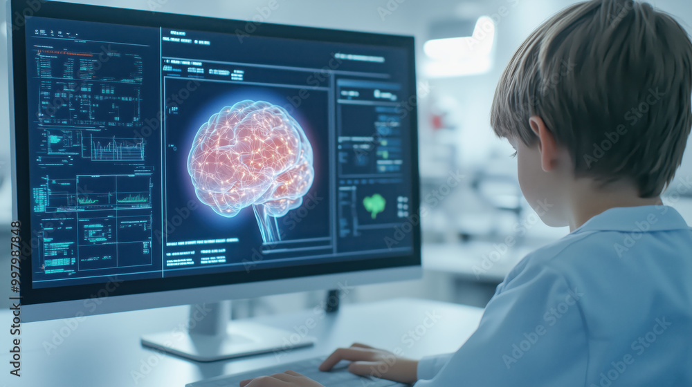Aufkleber young school student working on computer, exploring brain data and technology