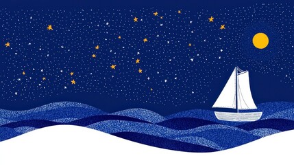 Fototapeta premium Sailing boat under starlit sky with moonlit waves and shimmering sea