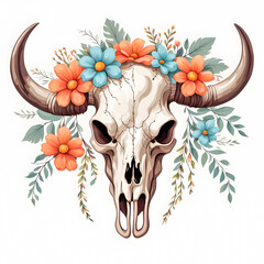 illustration of bull skull with cute flowers on white background.	