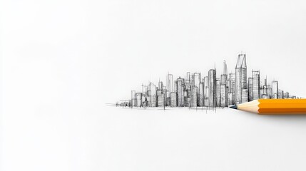 Fototapeta premium Pencil drawing of a city skyline on blank white paper
