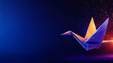 Naklejka premium Origami crane in blue and orange with sparkling background effect