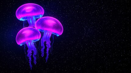 Three glowing jellyfish swimming in a vast starry ocean