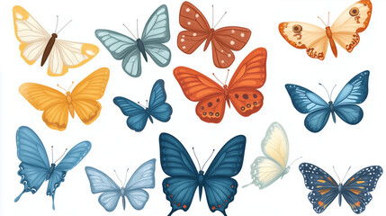 An illustration featuring a various of colorful butterflies on white background.