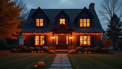 Halloween glowing decor on the facade of the house outside made of pumpkins, garlands, Jack Latern, candles. Halloween party In the evening at dusk. 