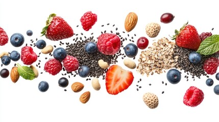 Vibrant Superfood Mix - Colorful Berries, Seeds, and Nuts Floating in Smoothie Ingredients Isolated on White Background