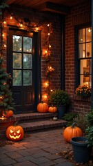 Halloween decor on the porch of the house made of pumpkins, garlands, Jack Latern, candles. Halloween party In the evening at dusk. 