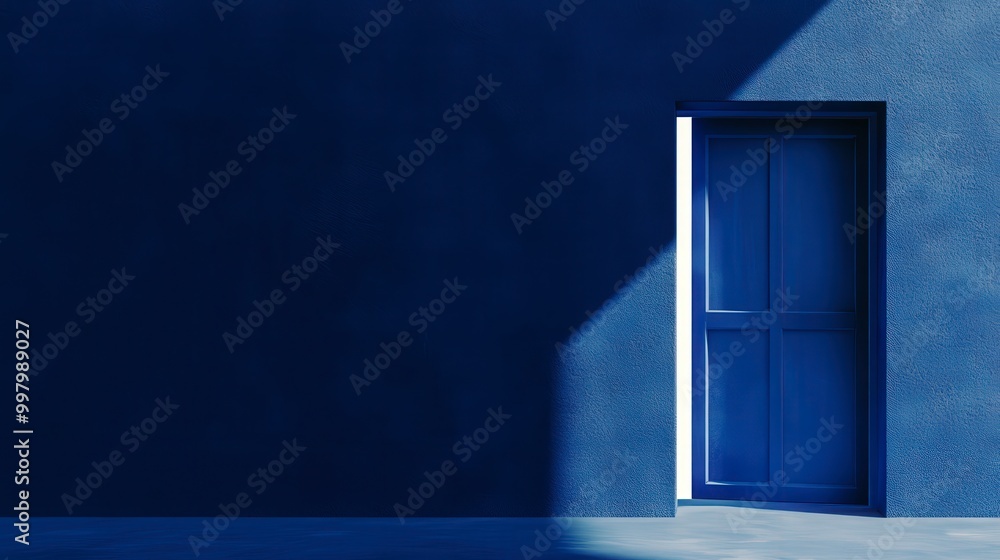 Wall mural Open door in minimalistic blue room with sunlight and shadows