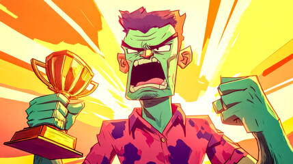 Angry cartoon man holding up trophy celebrating winning