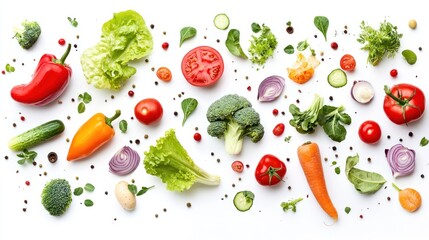 Vibrant Organic Vegetables Floating in Air, Farm-to-Table Nutrition Concept on White Background