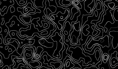  Topographic white wavy line map pattern isolated on black background