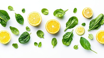 Fresh Leafy Greens and Citrus Slices Suspended for Nutrition and Vitality Concept on White Background