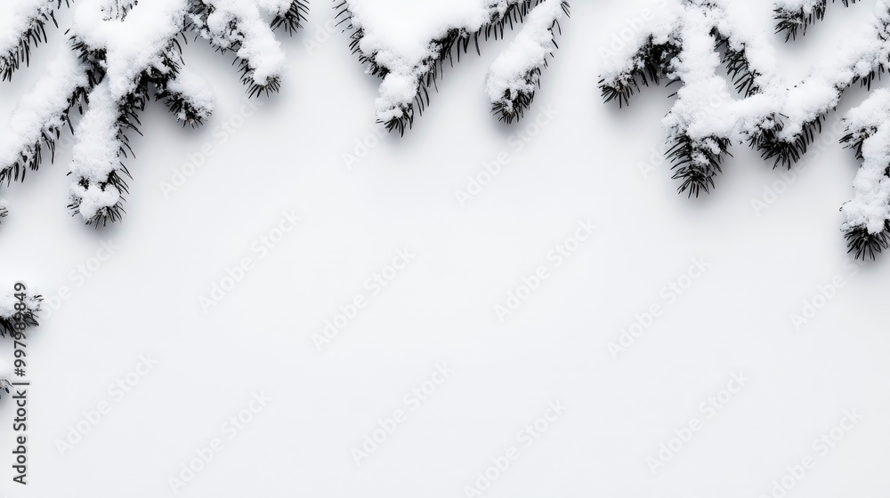 Poster snow-covered fir branches border with blank space in winter setting
