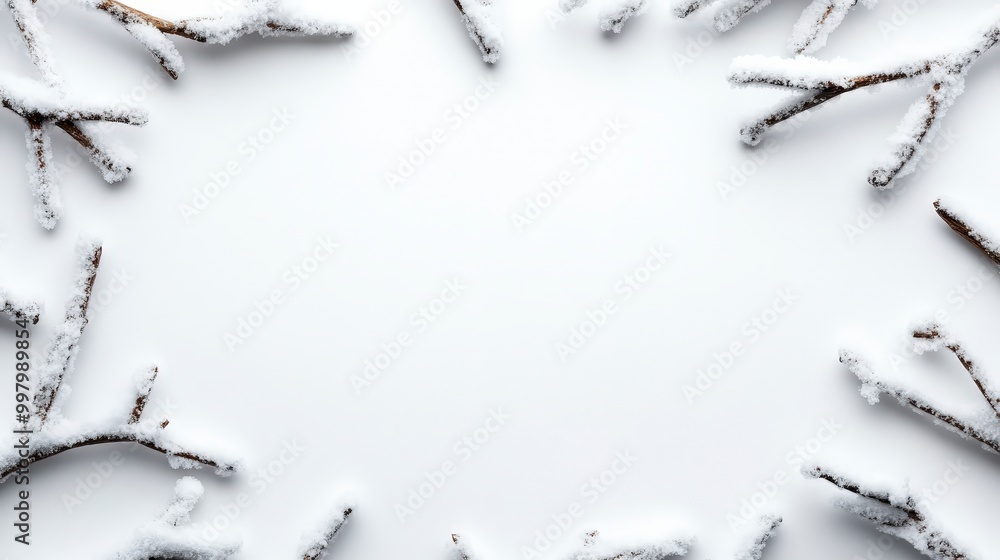 Poster snowy branches encircle an empty space on a white winter background