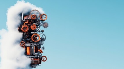 Steampunk inspired mechanical gears and pipes blending into clouds