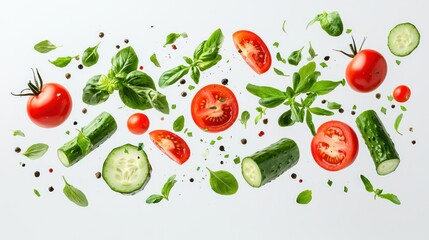 Fresh Herbs, Tomatoes, and Cucumbers Suspended in Air - Healthy Cooking Ingredients Concept on White Background